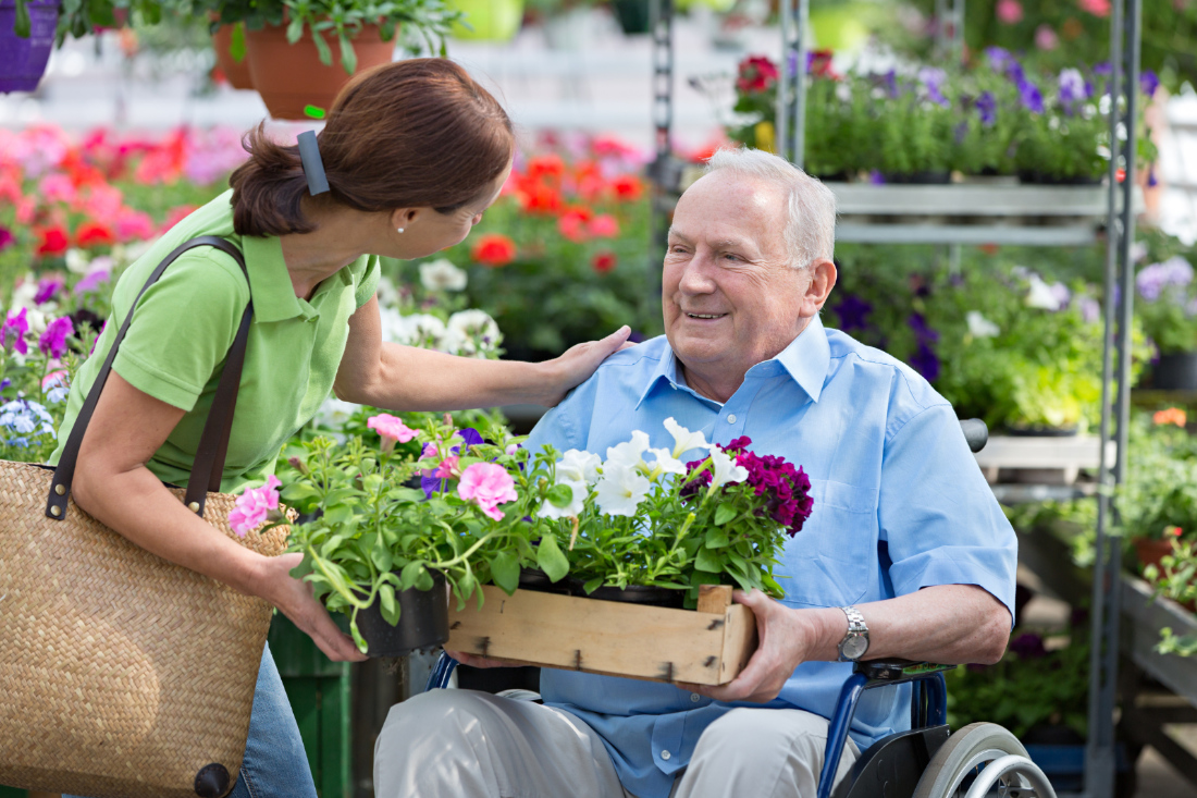Carer helping male in wheelchair shopping for flowers at a garden centre