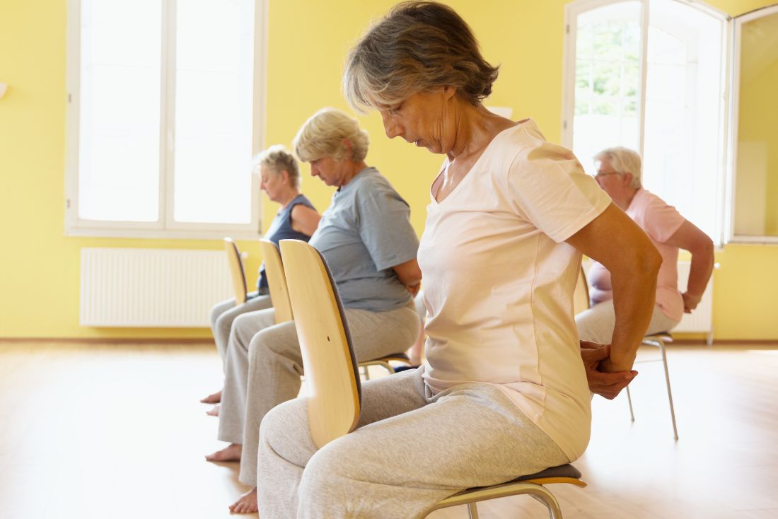 Group of women doing chair yoga